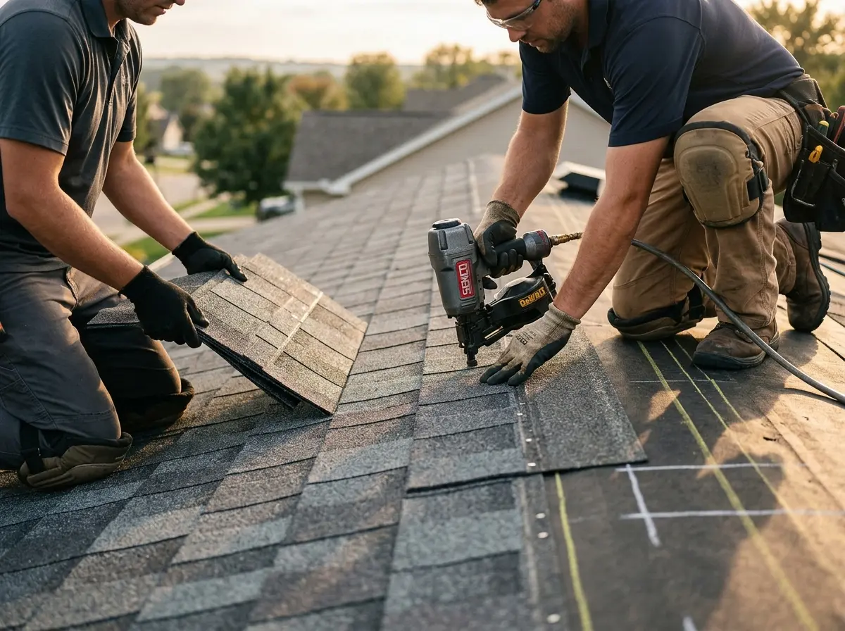 Professional roofer working on a residential roof in Guttenberg